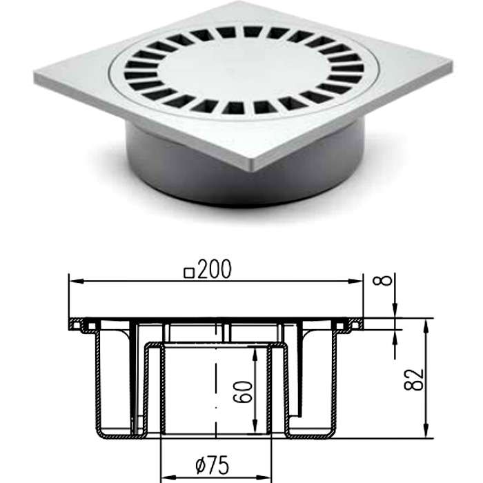 PODLAHOVÁ VPUSŤ  spodní D75 200x200mm